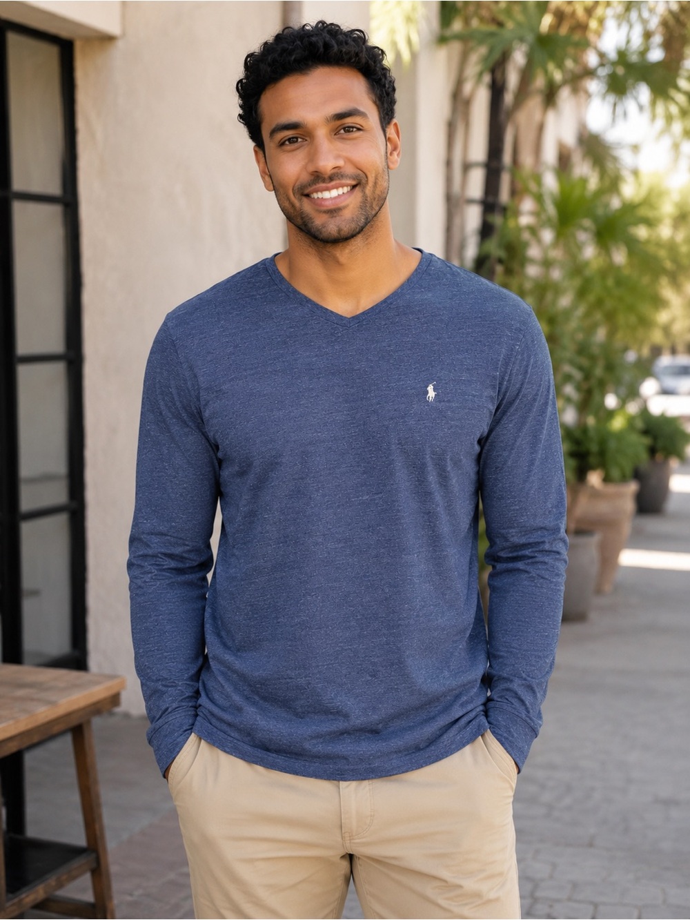 Polo by Ralph Lauren Men's Long-Sleeve V-Neck Tee in Navy Heather